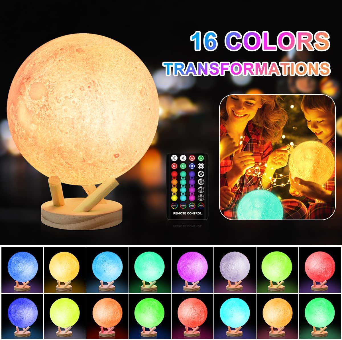 Moon Lamp, 6 Inch Sliding Control Moon Light, Kids Night Light, 16 Colors Moon Night Light with Unique Stand,Timing, Room Decor, Birthday Gifts for Kid Girls Boys Teens Women Friends Lover
