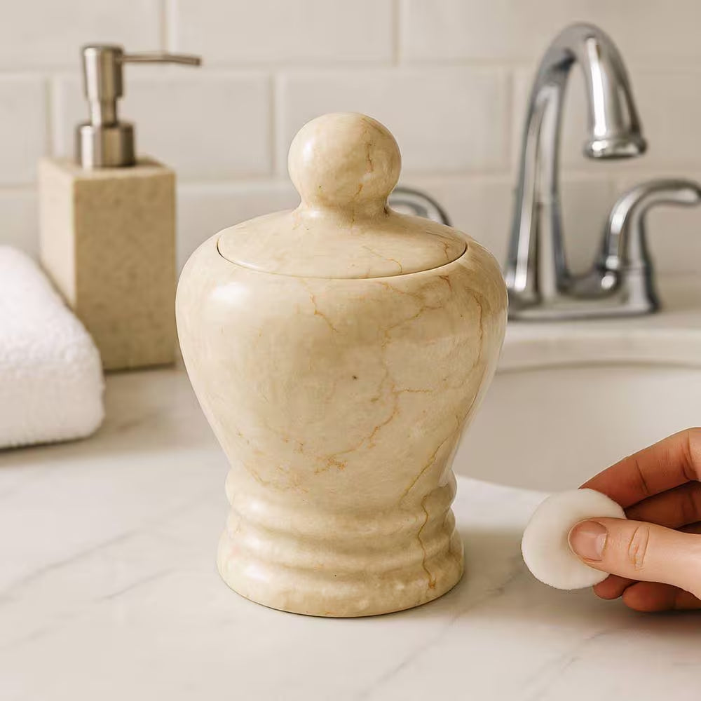 Natural Champagne Marble Aladdin Collection Cotton Ball Holder, Swab Q-Tip Holder, Bathroom Storage Jar Canister